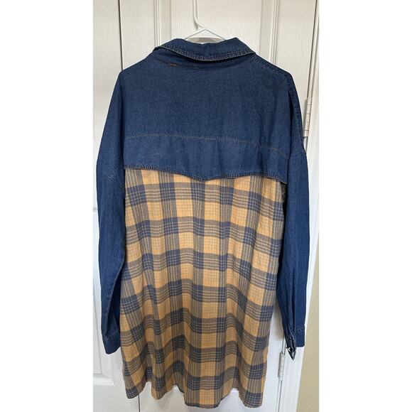 Denim Flannel Shirt Dress Plaid Long Sleeve Button Tunic Cotton Plus Sz 2XL - Picture 3 of 12